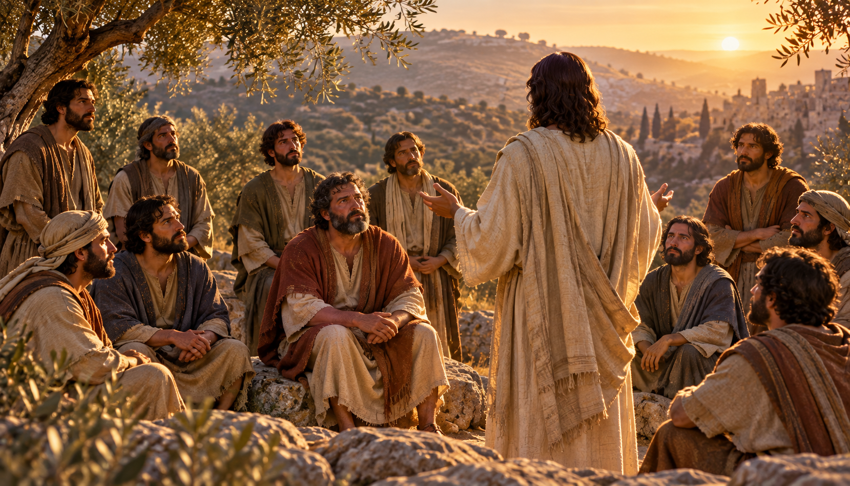 Jesus teaches his disciples on an olive-covered hillside