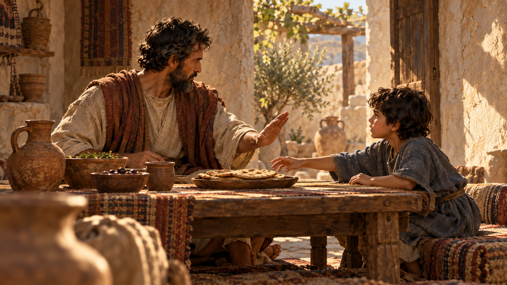 A father and son at a table in an ancient home