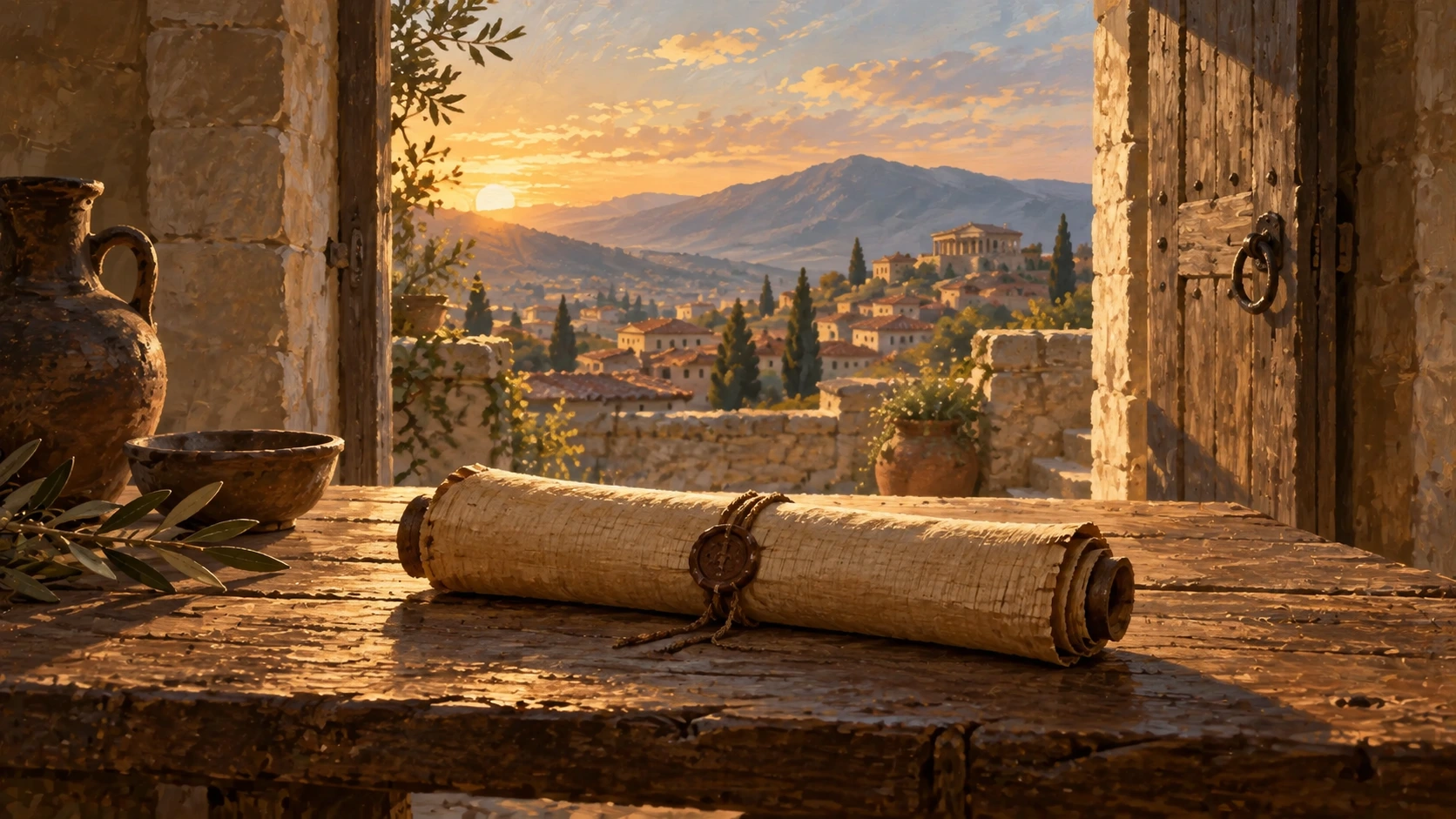 A papyrus letter in a sunlit doorway overlooking an ancient town