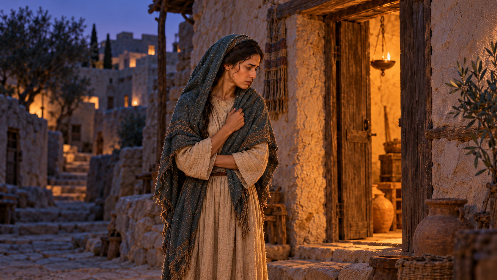 Miriam hesitates outside a warmly lit doorway in an ancient town